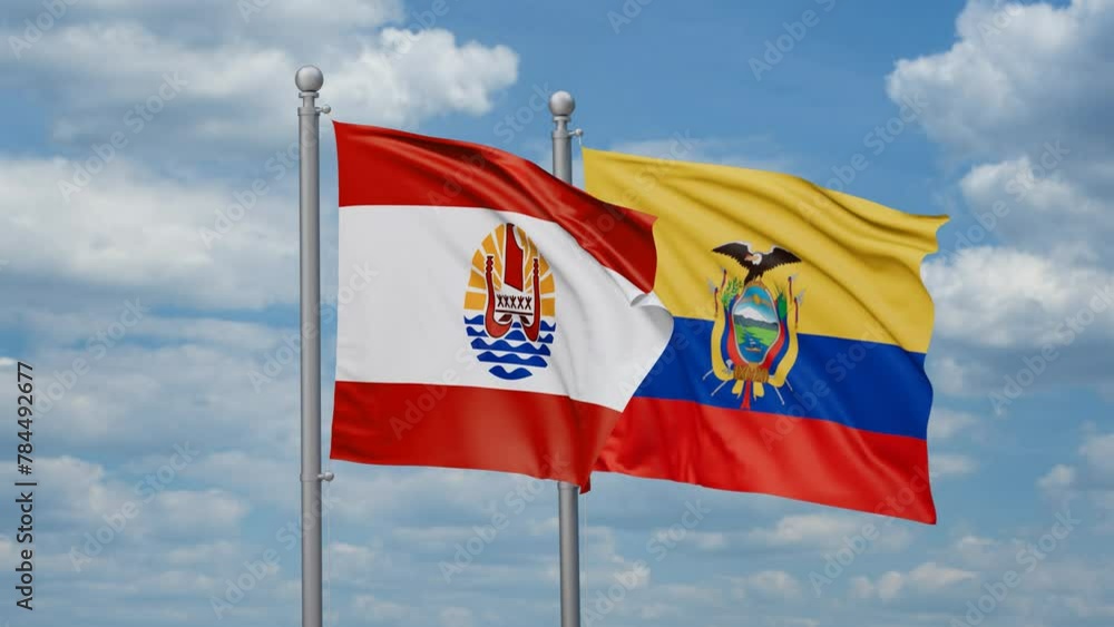 Ecuador and French Polynesia two flags waving together, looped video, two country relations concept Ecuador and French Polynesia two flags waving together, looped video, two country relations concept