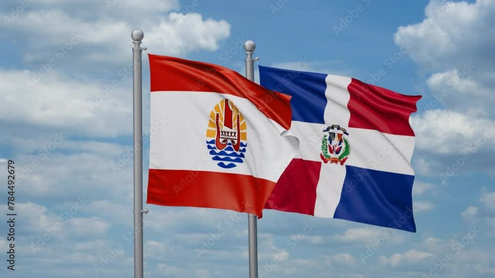 Dominican Republic and French Polynesia two flags waving together, looped video, two country relations concept Dominican Republic and French Polynesia two flags waving together, looped video, two country relations concept