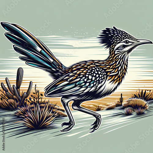 3d illustration, roadrunner bird vector style whit natural scenery   photo