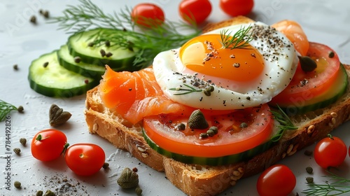  tomato slices, cucumber strips, and an egg atop a slice of bread