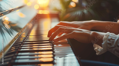 Detailed closeup captures the gentle motion of female hands gracefully playing the keys of a grand piano in warm, ambient light