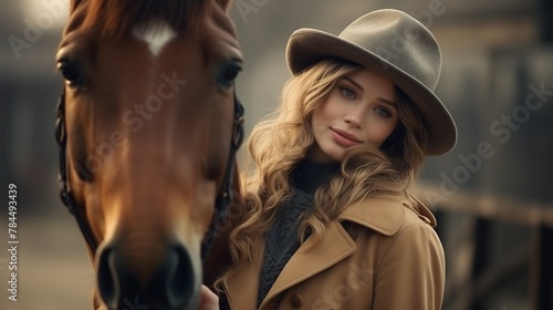 A young woman in a coat and hat strokes a horse. High quality photo. © NB arts