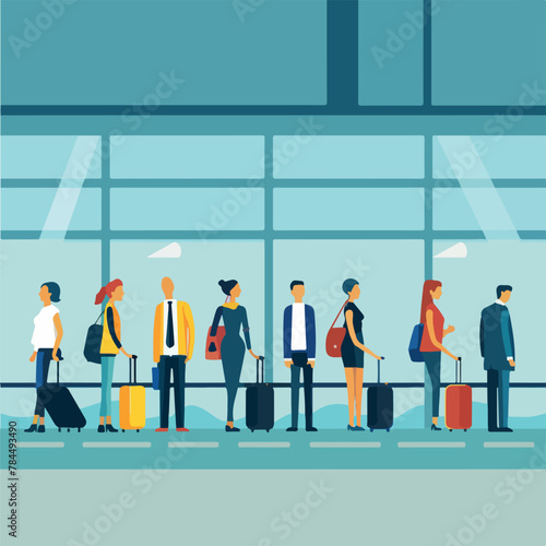 Lot of people queue in airport, waiting for check in