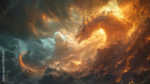 A panoramic view of a dragon spiraling upward through the clouds, its powerful form outlined by the sun's rays photo