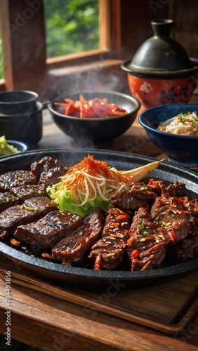 Korean barbecue still life, bulgogi and kimchi, summer mood.