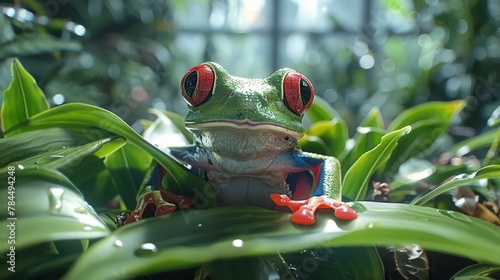   A frog perched on a green, leafy plant bears a red-eyed companion on its back