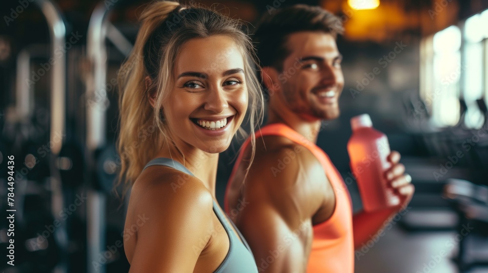 Happy athletic couple getting out of gym after sports training