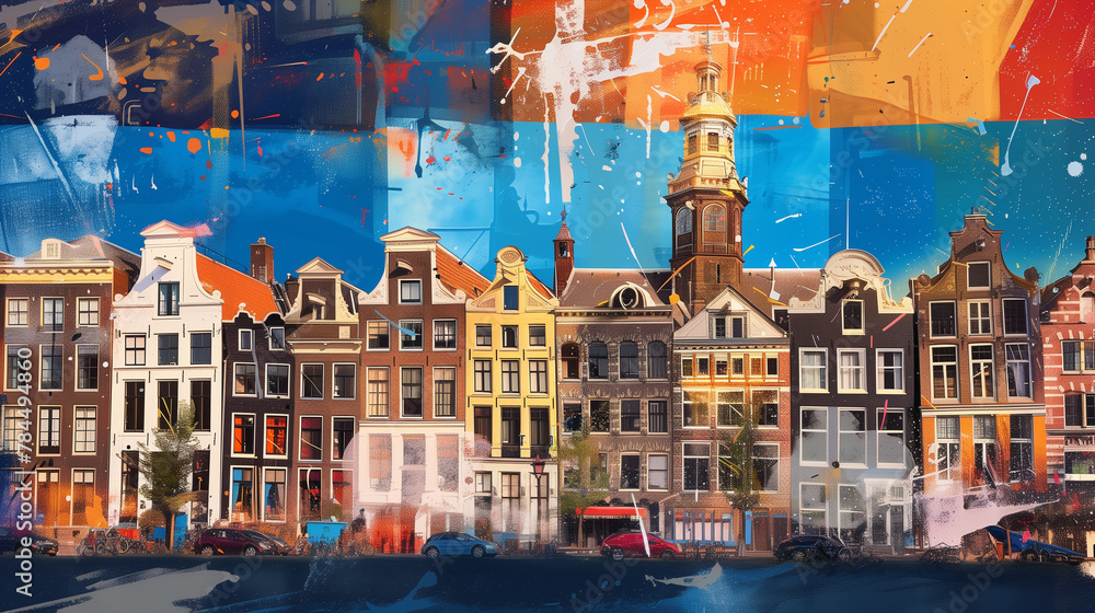 Vibrant artwork blending a classic view of amsterdam with abstract paint splashes