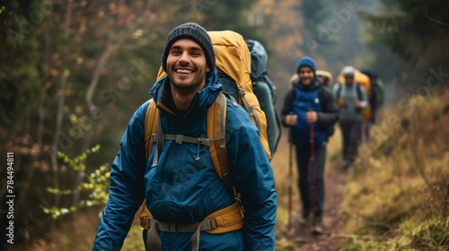 Wallpaper Mural Happy backpacker and his friends hiking in forest Torontodigital.ca
