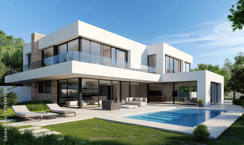 Spacious modern villa with swimming pool and lounge area. White two-story home with large windows and outdoor living space