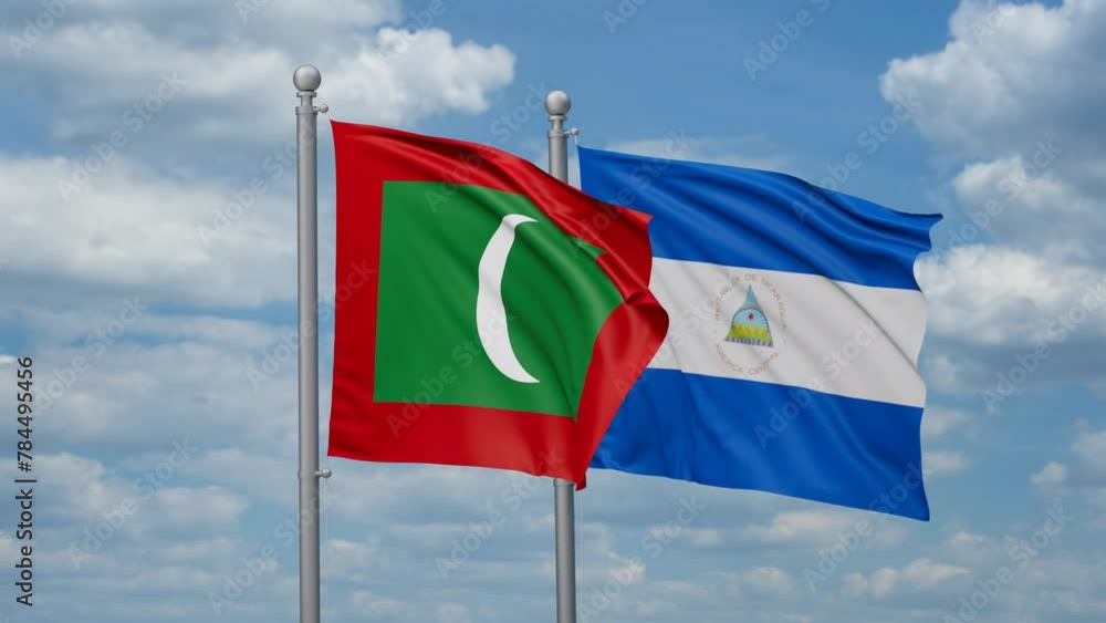 Nicaragua and Maldives two flags waving together, looped video, two country relations concept Nicaragua and Maldives two flags waving together, looped video, two country relations concept