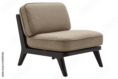 Elegant comfortable armchair with dark wooden legs and beige fabric upholstery