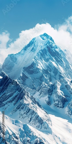 Mountain, Snow-Capped Peaks: Majestic mountains covered in snow, often sought after for winter themes. Close Up. 