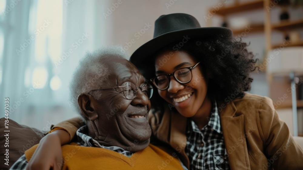 Happy black woman visiting her senior father in nursing home