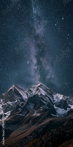 Mountain, Night Sky and Stars: Nighttime mountain scenes with clear skies, stars, and sometimes the Milky Way. Close Up.  photo