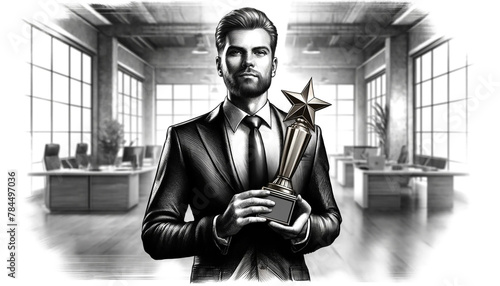 An elegant businessman is holding an award, he stands confidently, ink wash, b&w