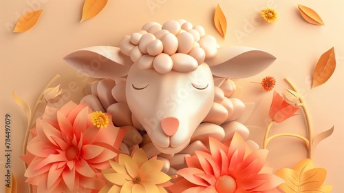 paper sheep with colorful flower and leaves. eid adha greeting concept. .