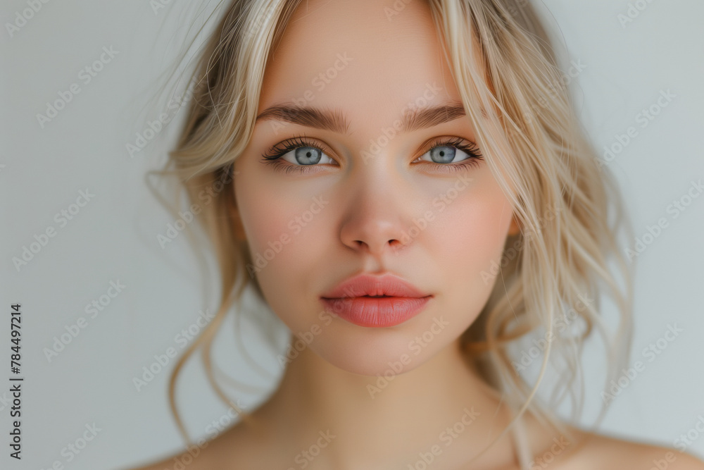Close-Up Portrait of a Young Woman with Beautiful Blue Eyes and Blonde Hair Against a Light Background
Close-Up Portrait of a Young Woman with Beautiful Blue Eyes and Blonde Hair Against a Light Background