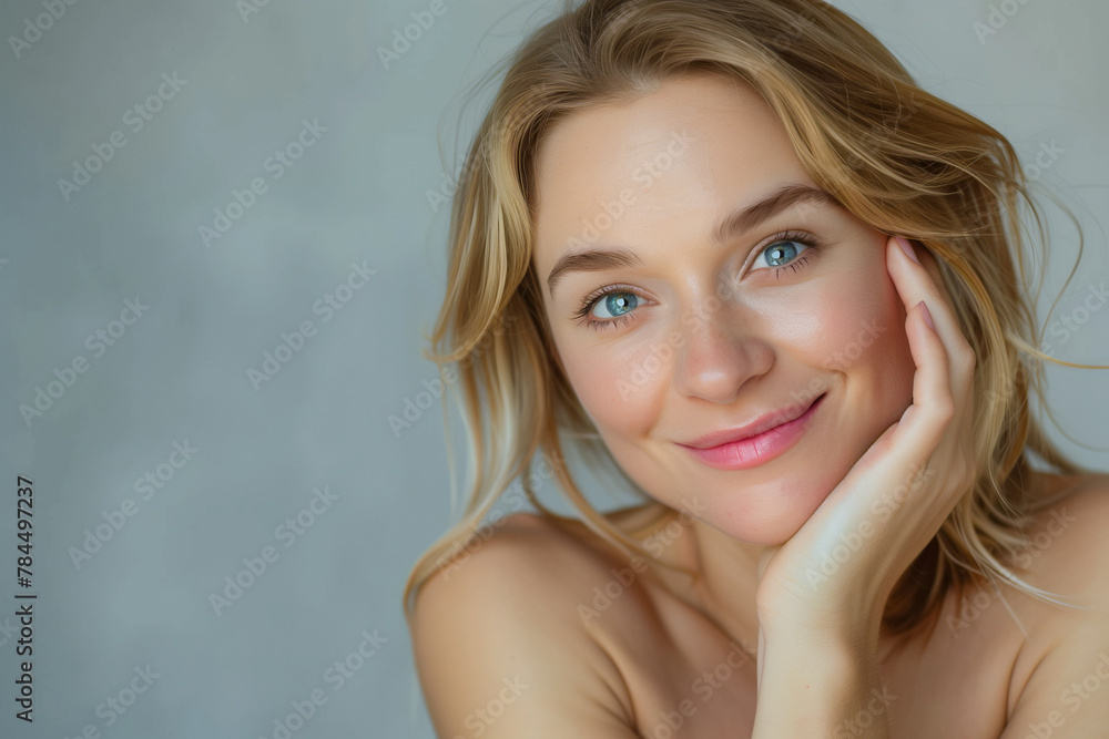 Portrait of a Beautiful Woman with Blue Eyes and Natural Makeup in a Casual Pose
Portrait of a Beautiful Woman with Blue Eyes and Natural Makeup in a Casual Pose