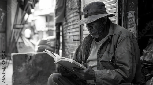 Man reading the Bible in the street during war