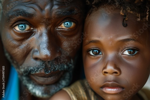 An old man with blue eyes and a young girl with brown eyes photo