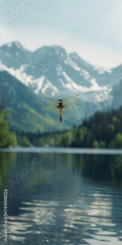 Dragonfly over mountain lake, close up, hovering, waterâ€™s calm surface 