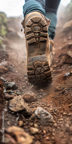 Hiker's boots on rocky trail, close up, dust and determination
