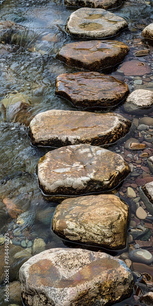 Mountain stream crossing, close up, stepping stones, clear waters Mountain stream crossing, close up, stepping stones, clear waters