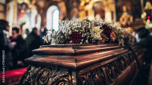Coffin decorated with flowers during funeral viewing in church