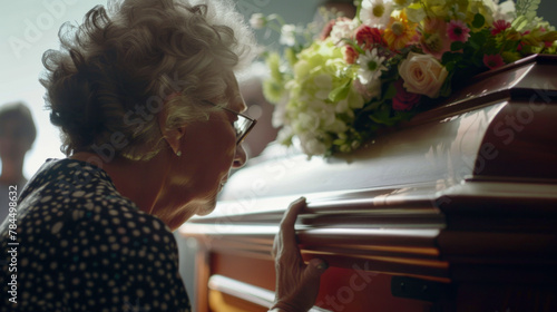 Old lady crying near the coffin, funeral scene