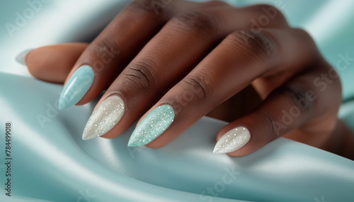 Soft Hands with Glittering Nails on White Satin Fabric  Elegance Concept