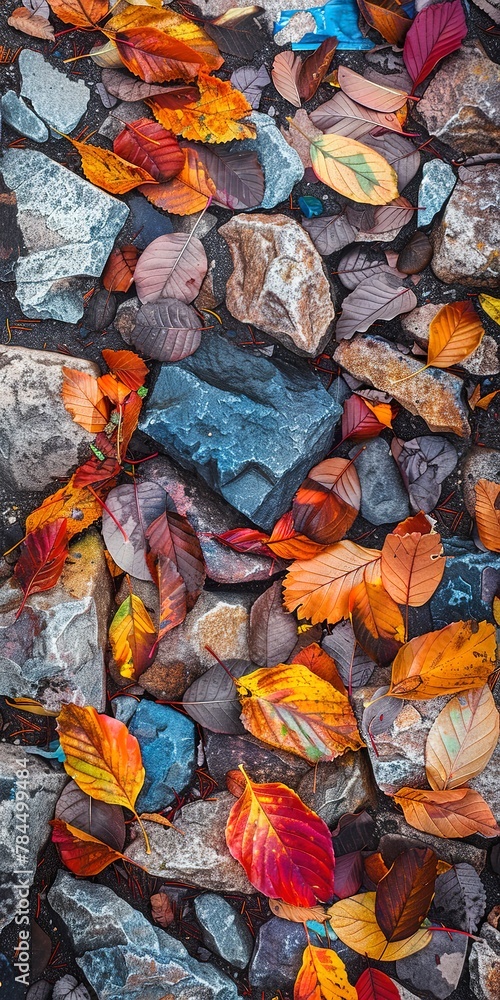 Autumn leaves against rocky path, close up, palette of fall Autumn leaves against rocky path, close up, palette of fall