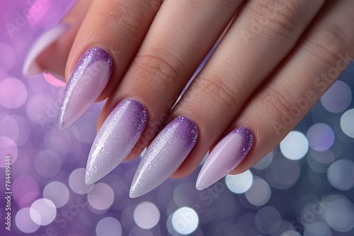 Elegant almond-shaped nails with purple and white gradient, perfect for beauty close-ups and fashion editorials