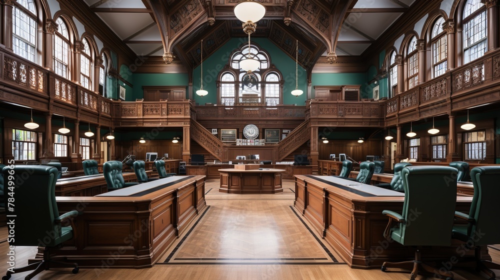 A Realistic and Detailed Interior of a Courtroom - obrazy, fototapety, plakaty 