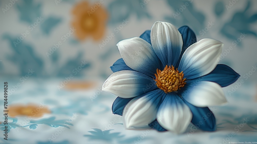 A blue-and-white flower sits atop a bedding covered in matching blue-and-white wallpaper, its own bloom resting there as well A blue-and-white flower sits atop a bedding covered in matching blue-and-white wallpaper, its own bloom resting there as well