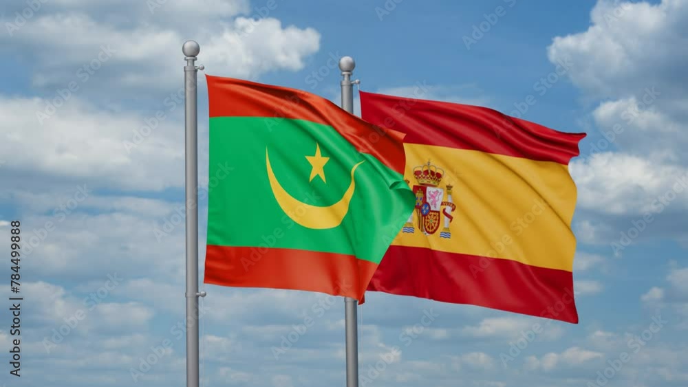 Spain and Mauritania two flags waving together, looped video, two country cooperation concept Spain and Mauritania two flags waving together, looped video, two country cooperation concept