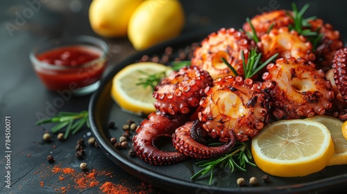   A table holds a plate of octopus, garnished with sliced lemons and lemon wedges Ketchup is also present Nearby, spices and additional lemons photo