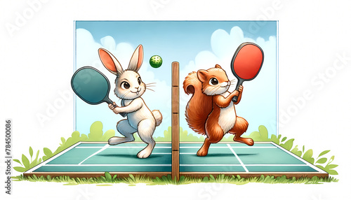Watercolor Magic: Playful Rabbit and Squirrel Enjoy Pickleball Outdoors