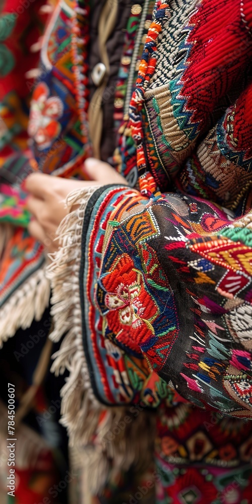 Traditional mountain attire, close up, fabric texture, cultural pride