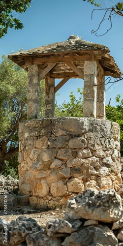 Old village well, close up, stone structure, clear sky, timeless 