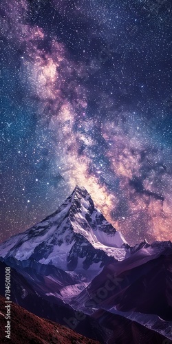 Milky Way arching over mountain peak, close up, night sky, clarity 
