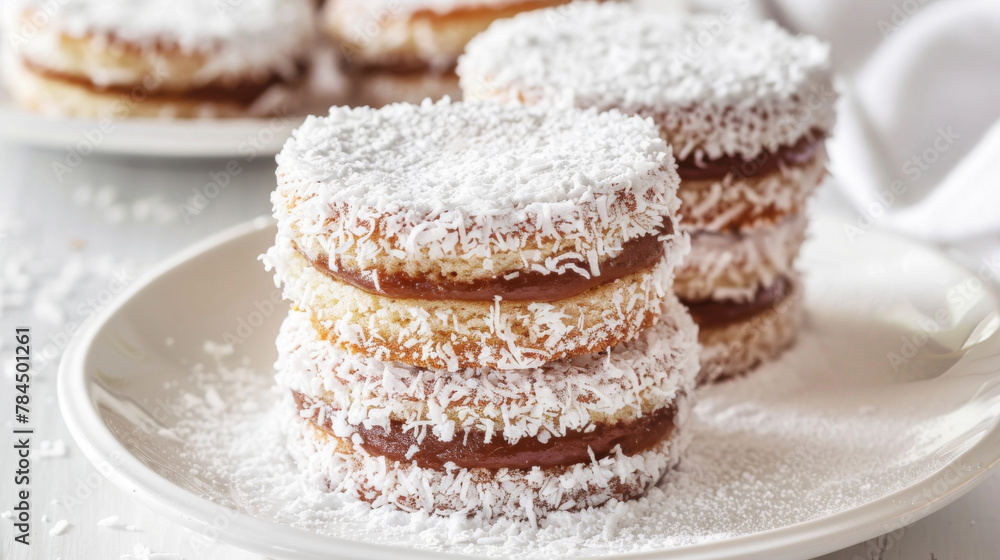 Stack of authentic argentine alfajores coated in coconut flakes, on a white plate Stack of authentic argentine alfajores coated in coconut flakes, on a white plate