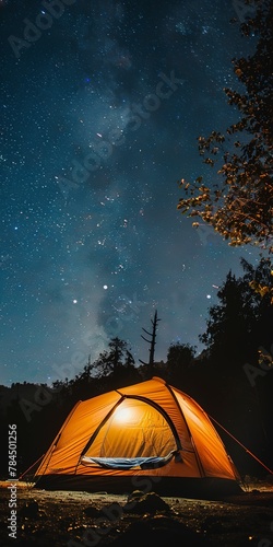 Glowing tent under starry sky, close up, cozy haven, mountain solitude