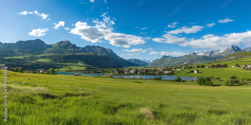 landscape mountain lack sky house, green grass, Sunny outdoor scene in German Alps, Bavaria, Germany,  Europe