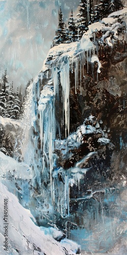 Frozen waterfall, close up, icicles glistening, mountain silence