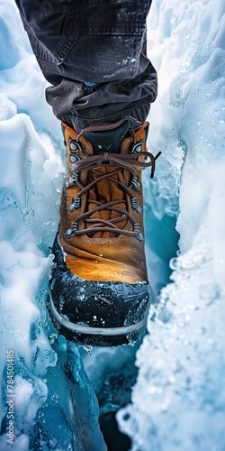Mountaineer's boot on snow bridge, close up, cautious step, deep crevasse below