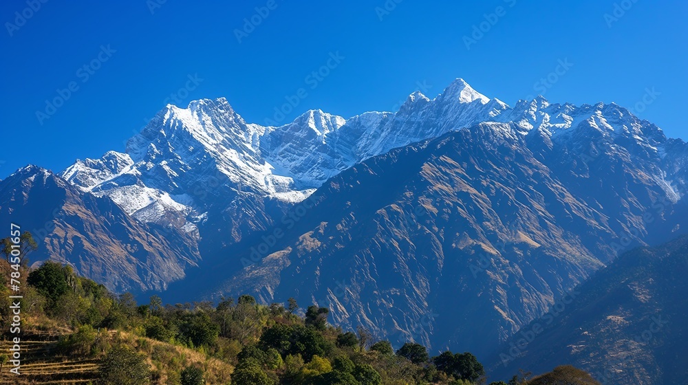 capped mountain range against a clear, blue sky