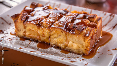 Traditional argentine bread pudding topped with rich dulce de leche sauce and powdered sugar photo