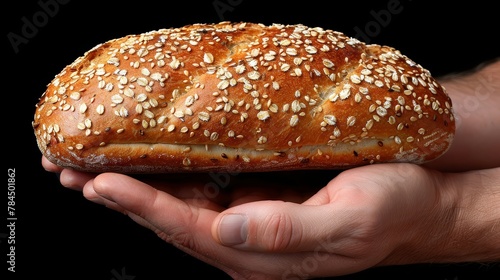   A person closely holds a baguette, sesame seeds decorating its top