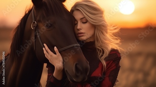 Blonde woman stroking and hugging horse. Beautiful lady with black stallion enjoying sunset nature. Love and friendship concept.